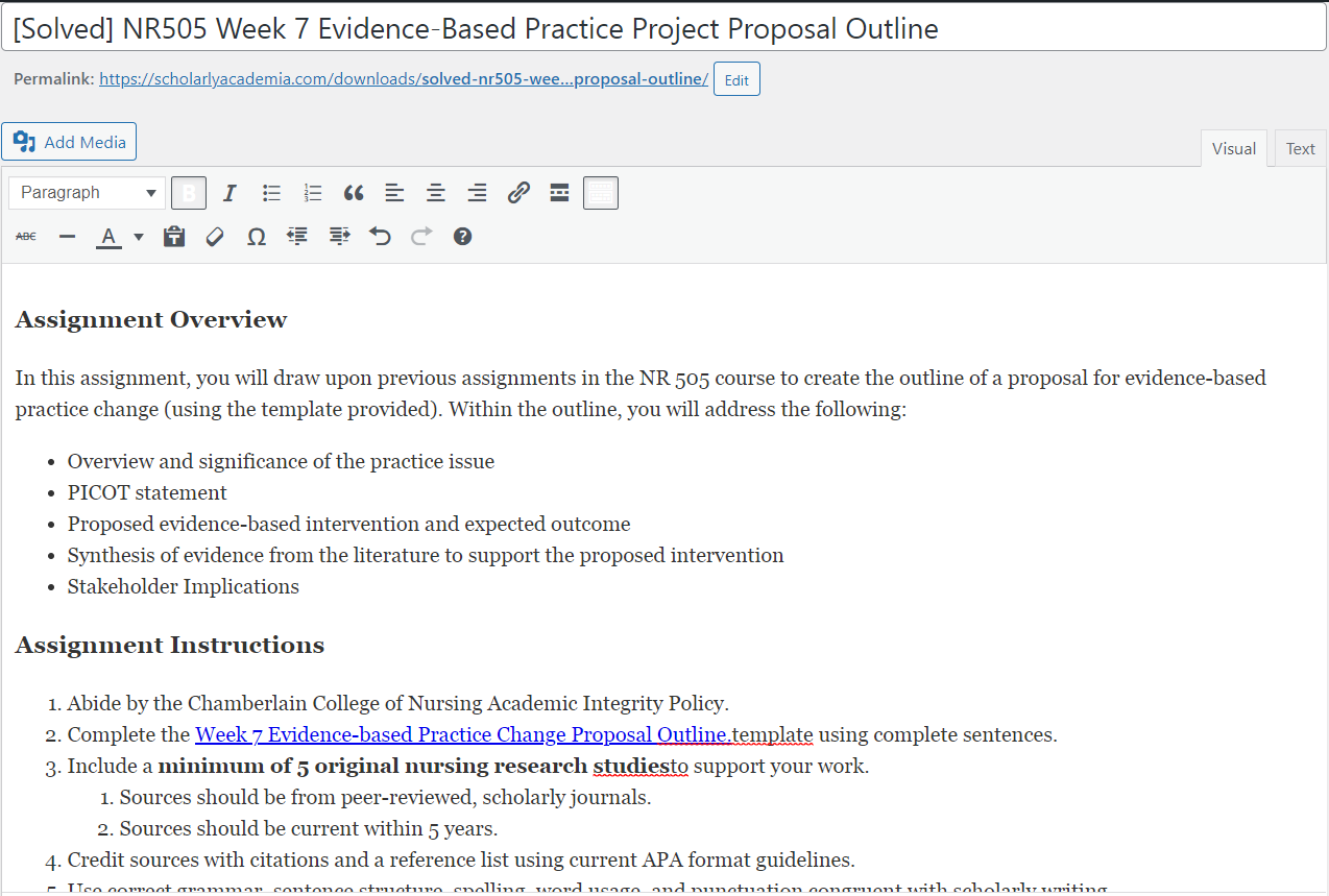 [Solved] NR505 Week 7: Evidence-Based Practice Project Proposal Outline