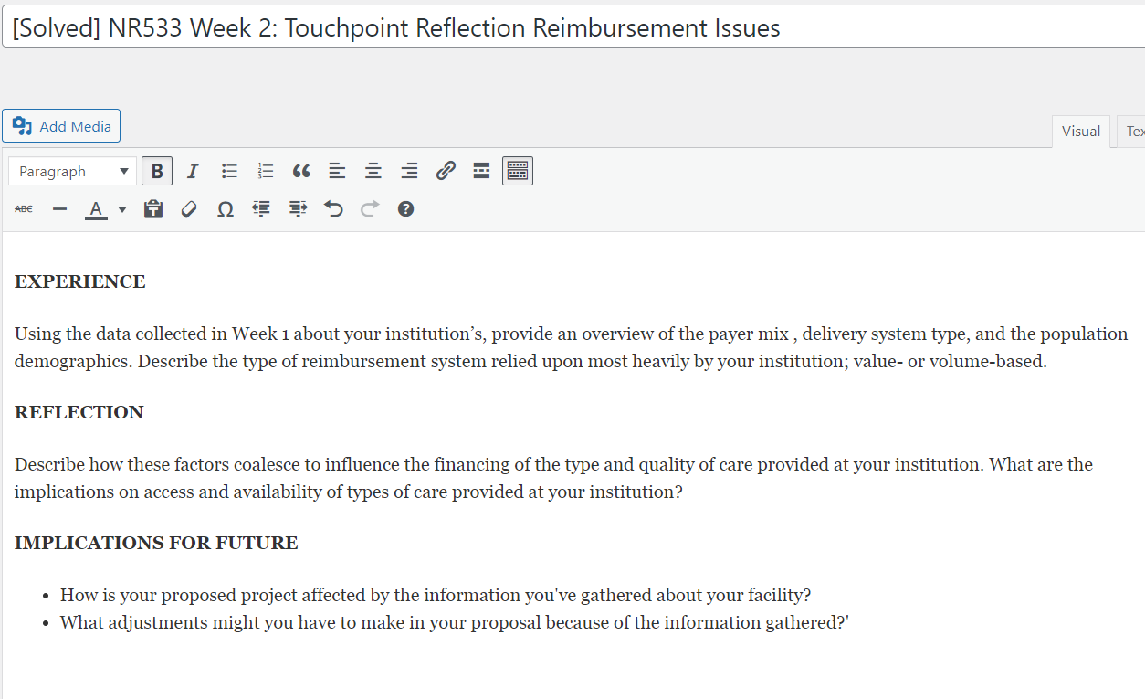 [Solved] NR533 Week 2: Touchpoint Reflection Reimbursement Issues