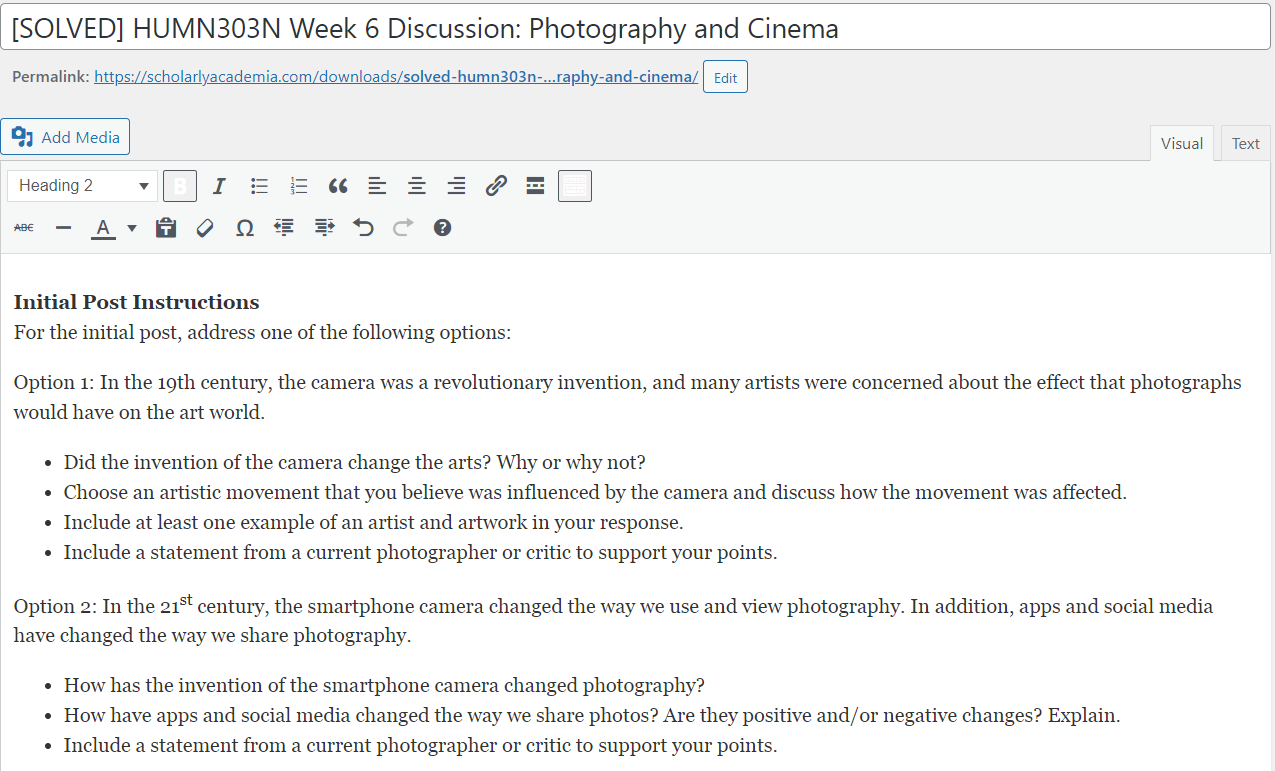 [SOLVED] HUMN303N Week 6 Discussion: Photography and Cinema