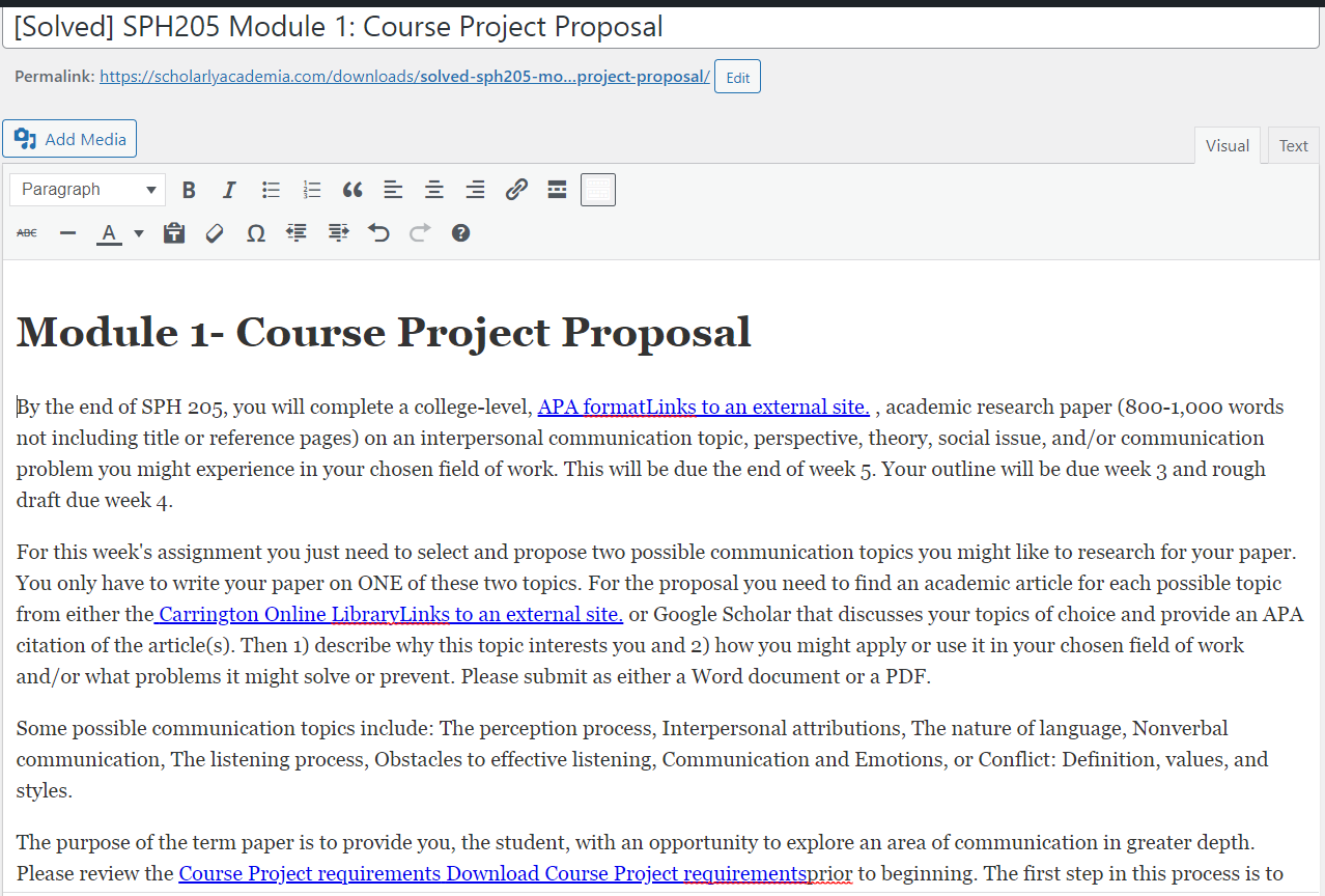 [Solved] SPH205 Module 1: Course Project Proposal