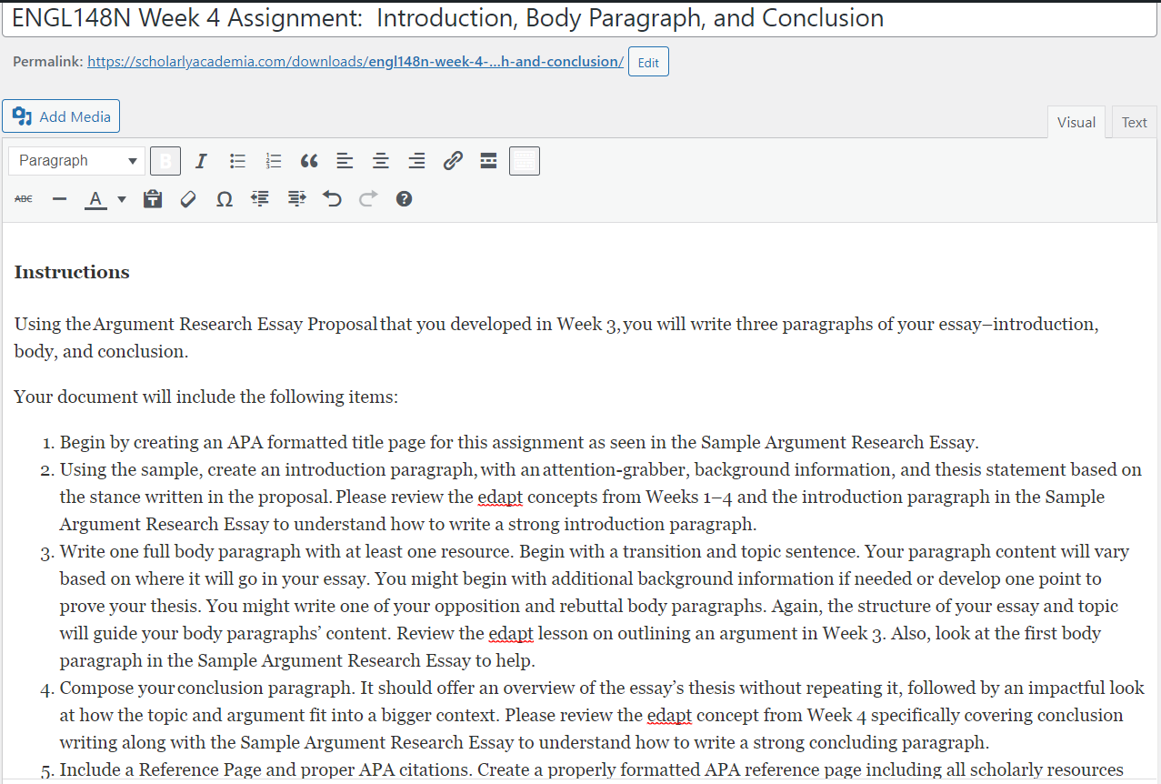 [SOLVED] ENGL148N Week 4 Assignment: Introduction, Body Paragraph, and ...