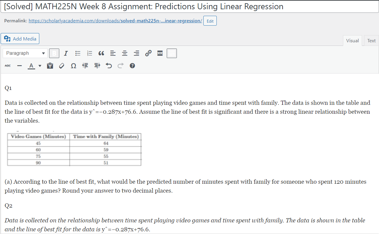 [Solved] MATH225N Week 8 Assignment: Predictions Using Linear Regression