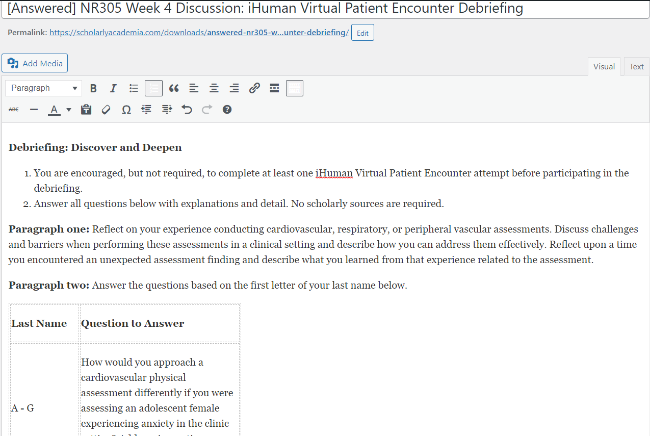 [Answered] NR305 Week 4 Discussion: iHuman Virtual Patient Encounter ...