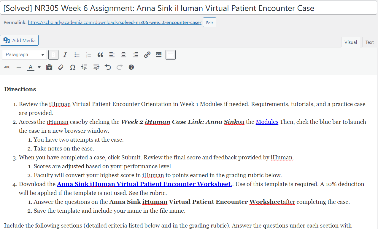 [Solved] NR305 Week 6 Assignment: Anna Sink iHuman Virtual Patient ...