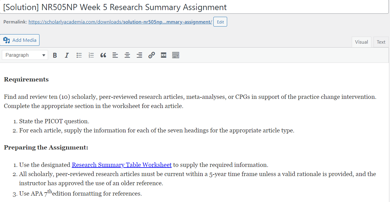 [Solution] NR505NP Week 5: Research Summary Assignment