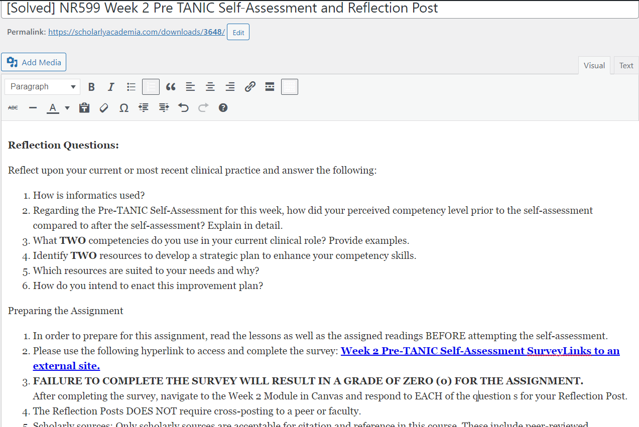 [Solved] NR599 Week 2: Pre TANIC Self-Assessment and Reflection Post