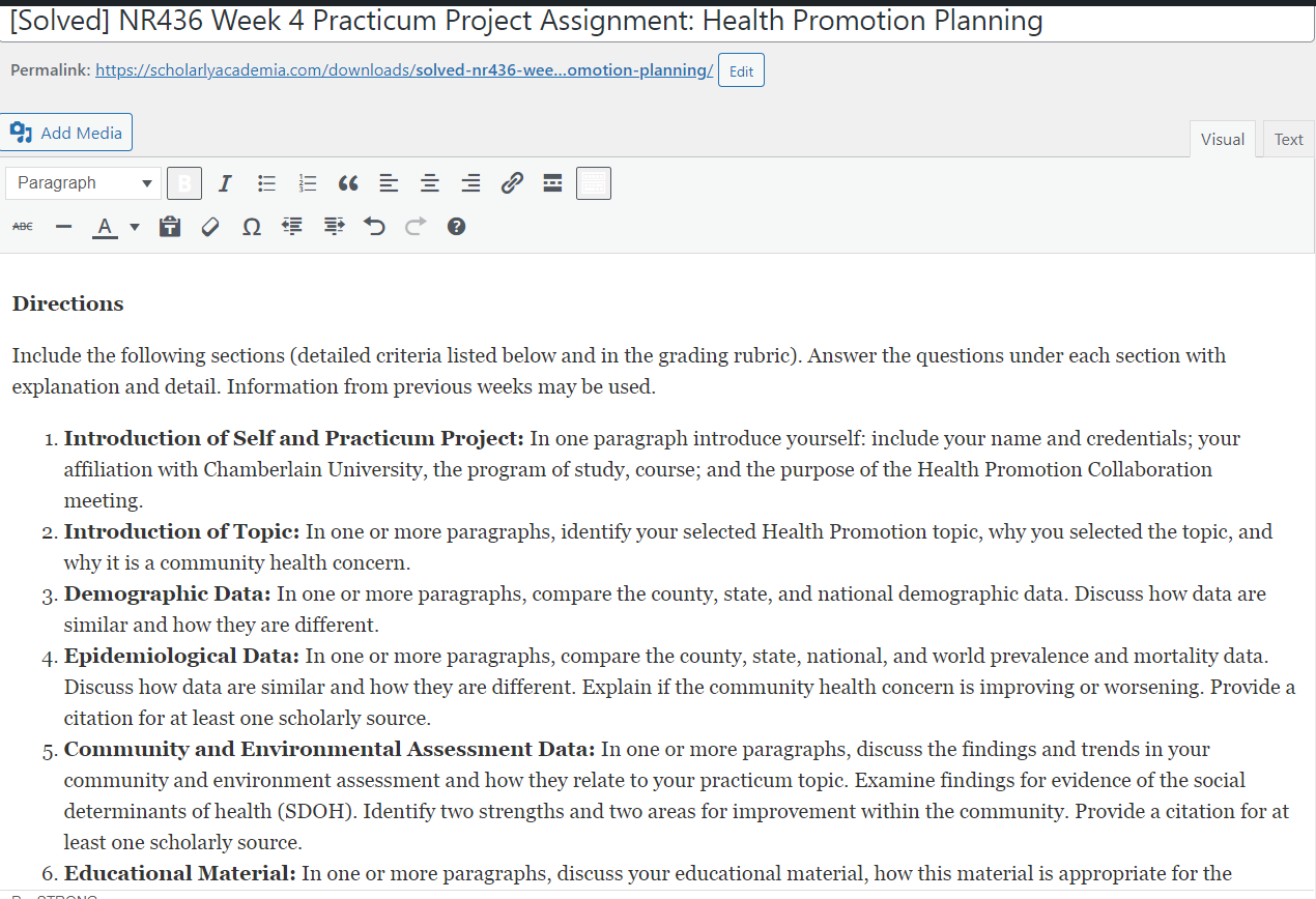 [Solved] NR436 Week 4 Practicum Project Assignment: Health Promotion ...