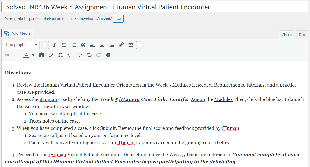 [Solved] NR436 Week 5 Assignment: iHuman Virtual Patient Encounter
