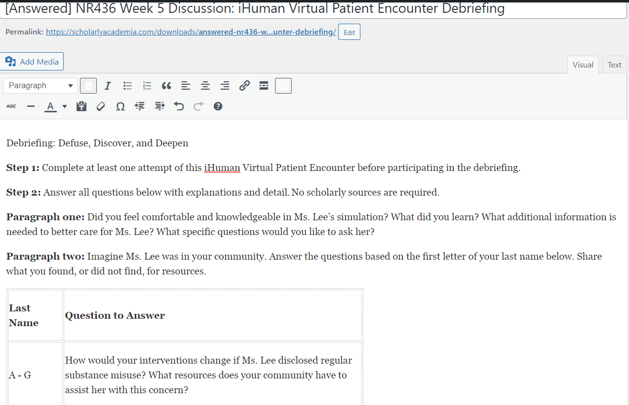 [Answered] NR436 Week 5 Discussion: iHuman Virtual Patient Encounter ...