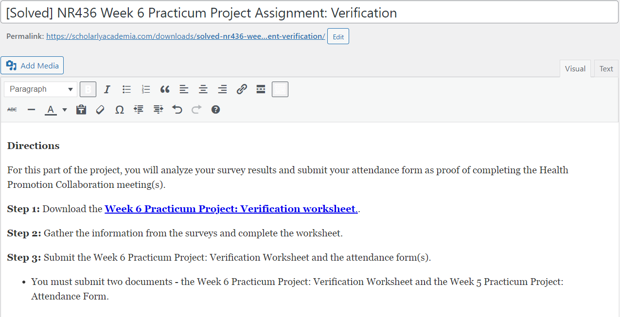 [Solved] NR436 Week 6 Practicum Project Assignment: Verification